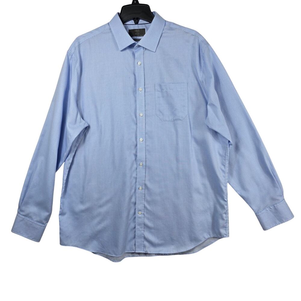 M&S Dress Shirt Mens 17 Large Blue Gingham Cotton Long Sleeve Preppy Minimalist
